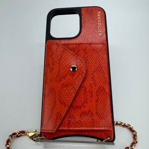 Bandolier iPhone 15 Pro Max Crossbody Case Red Snakeskin Leather Gold Chain